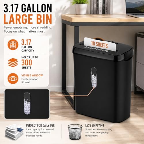 10-Sheet Strip Cut Paper Shredder with Jam Proof System, P-2 Security Level, 5-Minute Continuous Operation, 3.17 Gallon Capacity, Black - Image 5