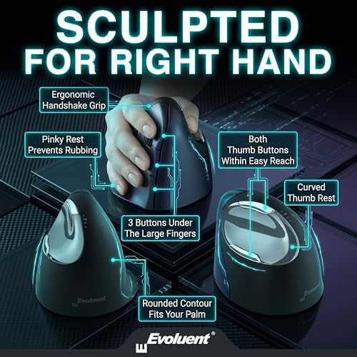 Evoluent – Inventor of the Vertical Mouse – VM4RW Ergonomic Vertical Mouse Right Hand Regular Size Wireless USB, Sculpted for Comfort, Reduces Wrist Strain, 4 Speeds, 6 Customizable Buttons in Windows - Image 3
