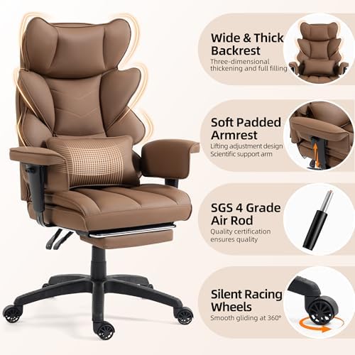 Office Chair,Executive Ergonomic Office Chair with Pocket Spring Cushion, High Back Computer Gaming Chair with Adjustable Armrests, Lumbar Support, Footrest, Executive Chair - Brown PU Leather - Image 4