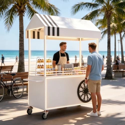 Mobile Food Cart with LED Lights & Canopy, Portable Vendor Display Stand with Lockable Wheels, Commercial Food Kiosk for Markets, Street Vending, Flea Markets, Weddings, Hotels & Snack Events by Unknown