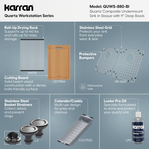 Karran 32.5" Bisque Quartz Composite Undermount Double Bowl Workstation Kitchen Sink, 50/50 Chef Prep Station with Cutting Board, Roll-Up Mat, Colander, Bottom Grids and Accessories – QUWS-880 - Image 5