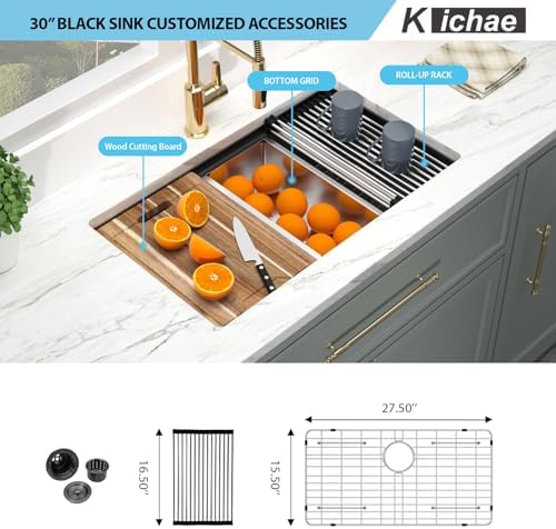 Kichae 30 Black Undermount Kitchen Sink Stainless 16 Gauge Workstation - Image 4
