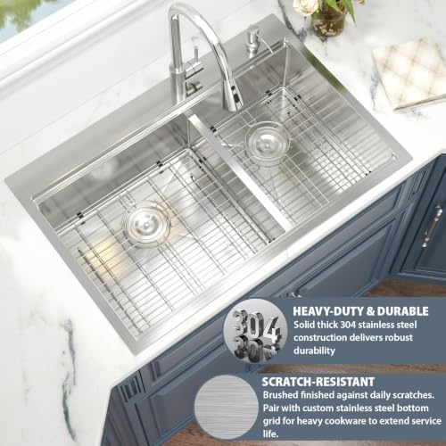 33 Drop In Kitchen Sink Stainless Steel Double Bowl Workstation Low Divide - Image 5