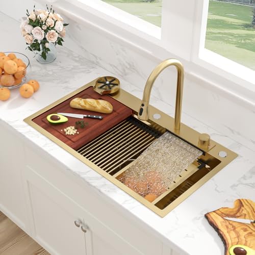 Sarlai 33 Inch Waterfall Kitchen Sink - 33x19 Gold Waterfall Drop In Sink Workstation Stainless Steel 16 Gauge Sink Multifunction Single Bowl Smart Top Mount Kitchen Sinks with Faucet Combo by Sarlai