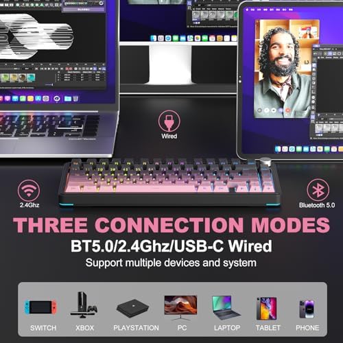 M75 Mechanical Keyboard,75% Gasket Hot Swappable,RGB Backlit,Side Printed PBT Keycaps,2.4Ghz/Bluetooth/USB-C Gaming Keyboards (Black and Pink) - Image 2