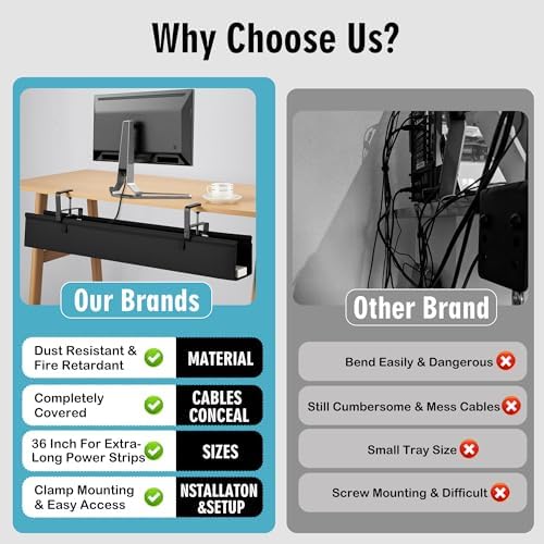 Desk Cable Management Tray, Fabric Cable Organizer, No Drill Large Clamp/Screw Mount Wire Organizer-Support Up to 30lbs, Standing Desk Cable Management for Office Home (Black,28 Inch) - Image 3