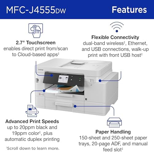 Brother INKvestment 4555 Wireless Color Inkjet All-in-One Printer with 2.7” Color Touchscreen and 2 Paper Trays | Includes Refresh Subscription Trial(1) (MFC-J4555DW) - Image 3