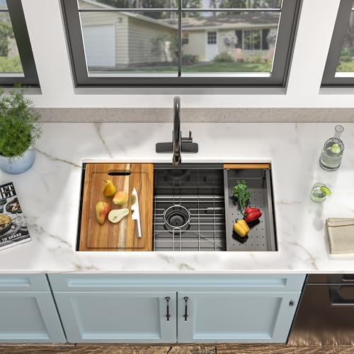 33"x19" Gunmetal Black Undermount Kitchen Sink Ledge Workstation - Image 4