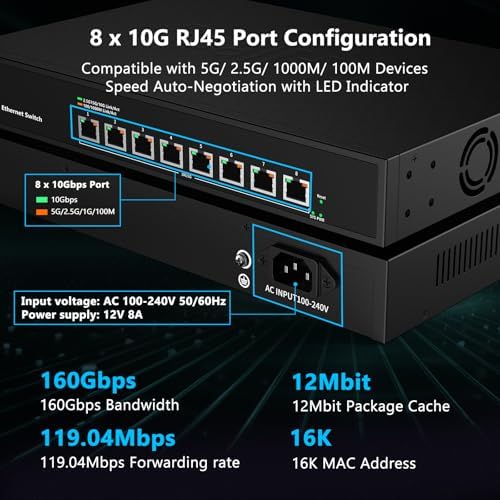 8 Port 10Gb RJ45 Web Managed Network Ethernet Switch 8 x 10G Base-T Port | Multi-Gig 10G-5G-2.5G-1G | 19 Inch Rack Mount | Built-in Fan | 160G Bandwidth | 10Gbps for 10G NAS, PC, WiFi7 Router - Image 5