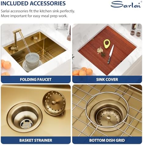 Sarlai Gold Undermount Bar Sink - 21x19 Inch Outdoor Kitchen Sink RV Workstation Gold 16 Gauge Stainless Steel Single Bowl Handmade Outdoor BBQ Sinks With Foldable Faucet - Image 5