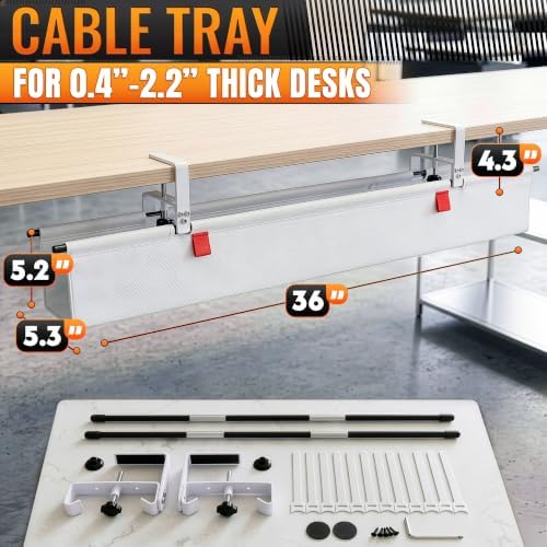 Under Desk Cable Management Tray 36" — No Drill Clamp-On Cord Organizer for Desk with Built-in Ties, Heavy Duty Metal Clamp, Foldable 600D Oxford Fabric for Home Office, WFH & Gaming PC Setup (White) - Image 2