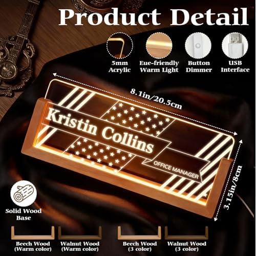 Personalized Light Up Acrylic Desk Name Plate - Custom Name Plate for Desk with Walnut Wood Base - Appreciation Office Gifts for Employees, Teacher, Social Worker (Banner) - Image 3