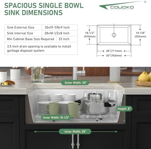 White Farmhouse Sink 30 Inch Fireclay Apron Front Farm Sink 30"x20"x9" Glossy White Porcelain Farms House Style Single Bowl Farmhoues kitchen Sinks with Luxury Accessories - Image 7