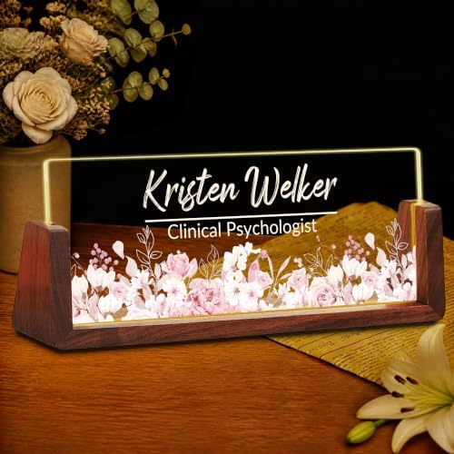 Custom Name Plate for Desk with LED Walnut Frame, Office Desk Decor by Unknown