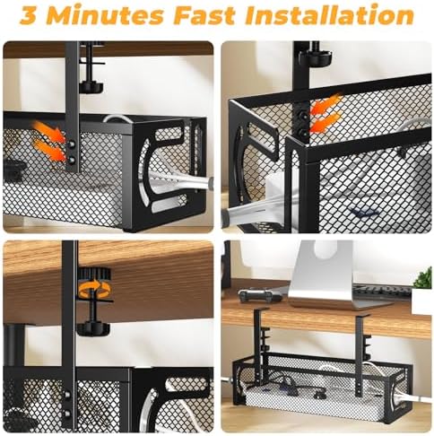 Under Desk Cable Management Tray, 15.7'' No Drill Steel Desk Cable Organizers, Wire Management Tray Cable Management Rack (1 Pack-Black) - Image 6