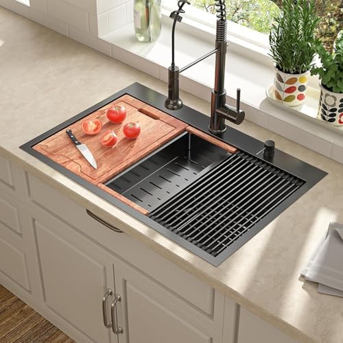 Lordear 30 Inch Black Kitchen Sink Single Bowl Workstation Sinks 16 Gauge All In One 30x22 Kitchen Sinks Stainless Steel Gunmetal Black Sink 30" by LORDEAR