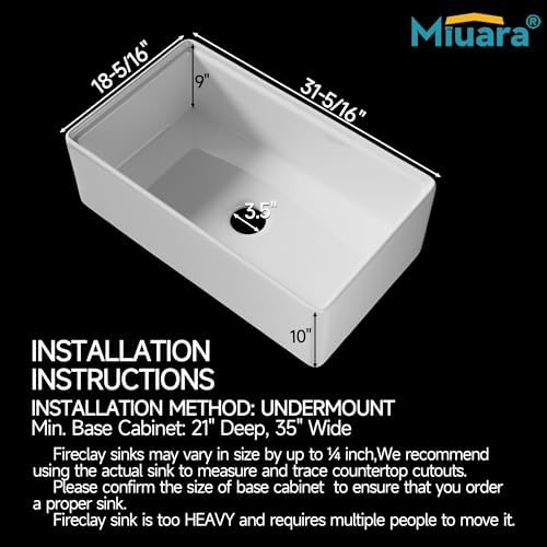 Miuara 31 x 18 Inch White Apron Front Farmhouse Workstation Kitchen Sink - Image 3