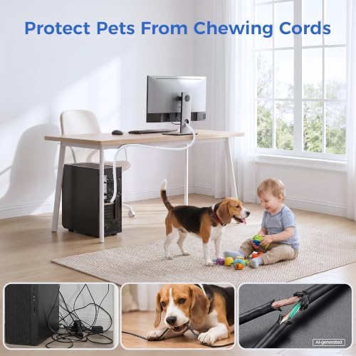 Delamu 10ft - 1/2 inch Cable Sleeve Cord Protector from Pets No Chew, Split-Braided PVC Wire Loom Tubing for Desk Computer USB TV Cord Organizer, Easy Set-up Cable Management Sleeve Kit, White - Image 4