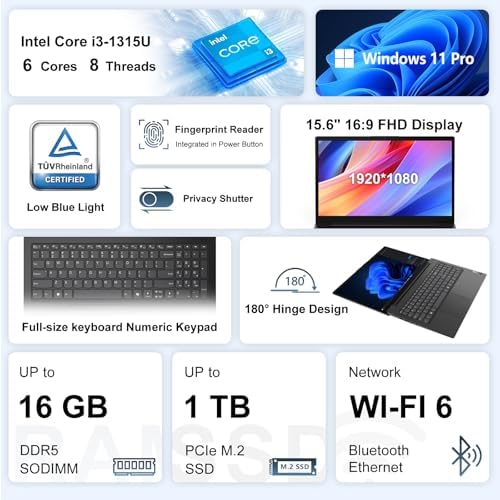 Lenovo V15 Gen 5 15.6” FHD Business Laptop, 16GB DDR5 RAM, 1TB Storage, Intel Core i3 6-core CPU, W11 Pro(Beat Ryzen 3 7320U), AI Copilot Key, Webcam w/Shutter, Security Chip Discrete TPM 2.0, Black - Image 2