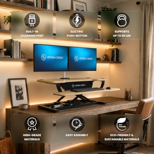 VERSADESK PowerPro 36 Inch Electric Standing Desk Converter – Push-Button Height Adjustable Sit to Stand Desk Riser for Dual Monitors & Laptop – Motorized Desktop Workstation with Wide Keyboard Tray - Image 3