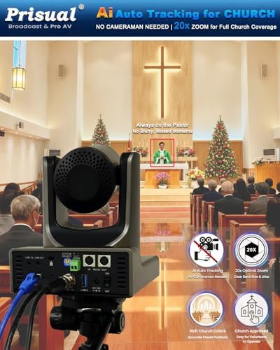 Prisual 5th Gen AI Auto Tracking PTZ Camera, 20X Optical Zoom, Broadcast Ready, PoE, 3G-SDI, HDMI, USB 3.0, LAN, Free NDI Upgrade for Church Worship, Education, Live Streaming - Image 3
