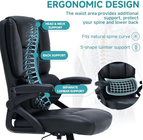 Executive Office Chair with Comfortable Lumbar Support, Ergonomic Computer Chair with 3 Way Adjustable Flip-up Armrests & High Back Managerial Home Desk Chair, 350lb Capacity PU Leather Swive Chair - Image 3