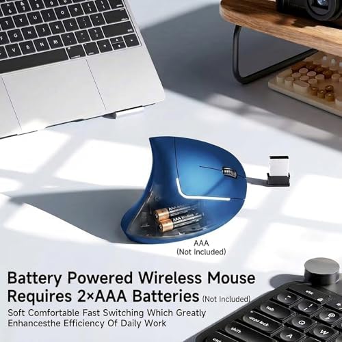 Ergonomic Vertical Wireless Mouse, 2.4G Optical Mouse with USB Receiver, 800-1600 DPI, Silent Click, Battery Powered, 5 Buttons, Stylish Comfortable Mouse for Laptop, PC, Mac, Computer (Blue) - Image 4