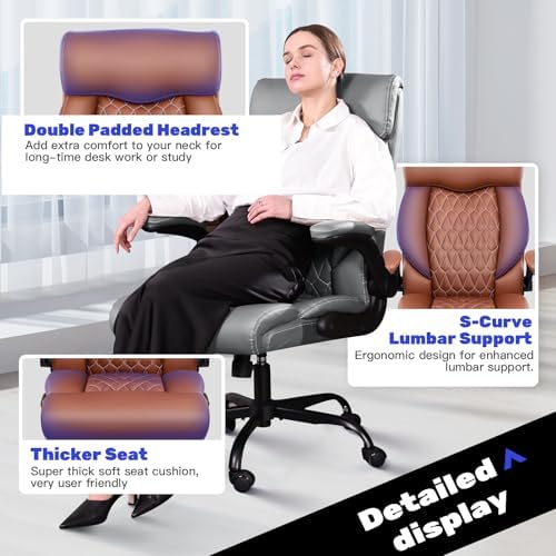 High Back Executive Office Chair - Ergonomic Computer Desk with Rocking Function, Leather Managerial with Adjustable Flip-Up Armrests and Lumbar Support - Image 6