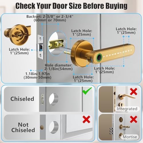 Smart Door Lock with Knob, Keyless Entry Door Locks with Handle, Fingerprint Door Knob for Bedroom/Front Door/Apartment,Generate Passcode Gold - Image 3