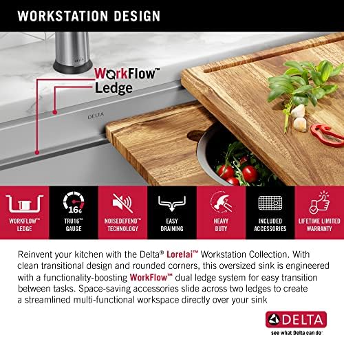 DELTA FAUCET Lorelai 45-inch Workstation Kitchen Sink Undermount 16 Gauge Stainless Steel Single Bowl with 2-Tier WorkFlow Ledge and Chef’s Kit of 11 Accessories, 95BA132-45S-SS - Image 4