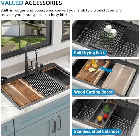 33"x22" Drop In Kitchen Sink with Faucet Combo & Glass Rinser - Image 7