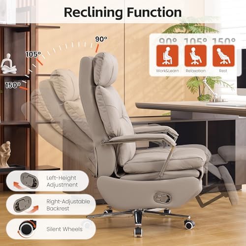 Big and Tall Executive Office Chairs with Footrest, Ergonomic 360° Swivel Desk Chair High Back Recliner, Manual 150° Reclining Computer Gaming Chair with Wheels for Home Office Faux Leather, Khaki - Image 3