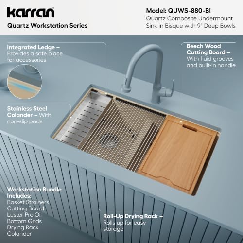 Karran 32.5" Bisque Quartz Composite Undermount Double Bowl Workstation Kitchen Sink, 50/50 Chef Prep Station with Cutting Board, Roll-Up Mat, Colander, Bottom Grids and Accessories – QUWS-880 - Image 4