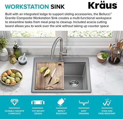 KRAUS Bellucci 25-inch Granite Workstation Drop In Top Mount Single Bowl Kitchen Sink in Metallic Grey with Accessories, KGTW12-25MGR - Image 3