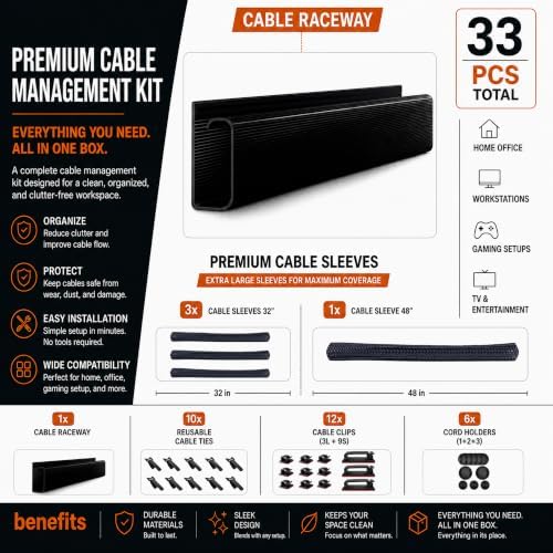 Cable Management Kit with Under Desk Raceway & 4 Long Cable Sleeves, Desk Cord Organizer with Cable Clips, Reusable Cable Ties & Cord Holders, Black - Image 3