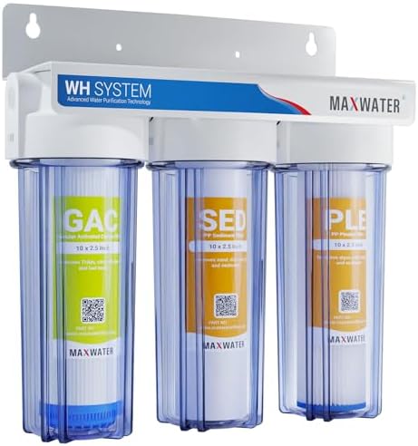Max Water 3 Stage (Good for City & Cottage Water) 10 inch Standard Water Filtration System for Whole House - Pleated Sediment + Sediment + GAC - ¾ Inlet/Outlet - Model : WH-SC7 by MaxWater