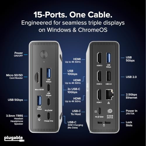 Plugable USB-C Triple Display Laptop Docking Station 3 Monitors, 15-in-1: 3X HDMI, Dual 4K or Triple (1x 4K60 + 2X 1080p) 2.5GbE, 100W PD, 30W USB-C Charge Port, Driverless for Windows, UD-MSTH3 - Image 4