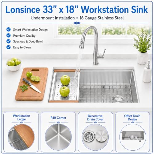 33" X 18" Undermount Kitchen Sink Offset Drain with Workstation - Image 3