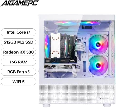 Gaming PC Desktop Computer, Intel Core i7 up to 4.0GHz, Radeon RX 580 8G, 16G RAM, 512GB M.2 SSD, BX3 550W 80PLUS Bronze PSU, WiFi 5, RGB Fan x5, Windows 11 Home, White PC - Image 2