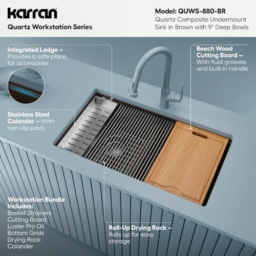 Karran 32.5" Brown Quartz Composite Undermount Double Bowl Workstation Kitchen Sink, 50/50 Chef Prep Station with Cutting Board, Roll-Up Mat, Colander, Bottom Grids and Accessories – QUWS-880 - Image 4