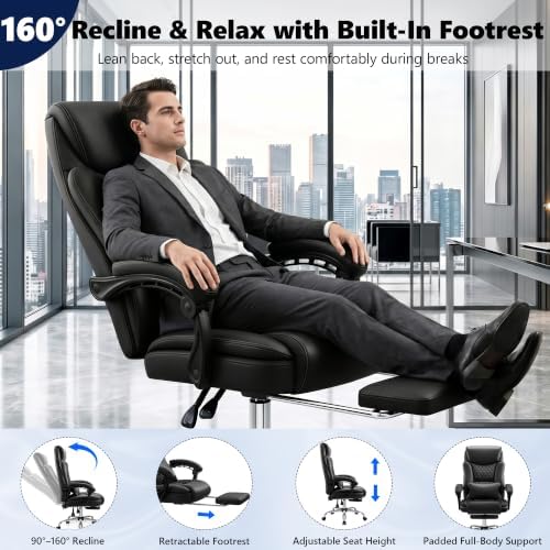 Ergonomic Office Chair Executive PU Leather High Back, 400lbs Heavy Duty Reclining Desk Chair with Footrest, Adjustable Lumbar Support, Padded Armrests, Wide Seat, Black - Image 6