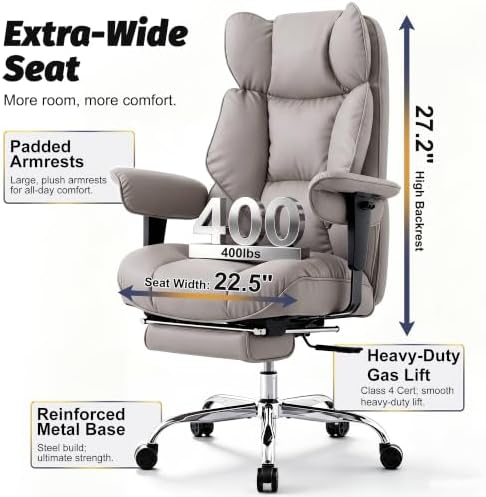 Efomao Executive Office Chair 400lbs,Grey Big and Tall Desk Chair - Image 2