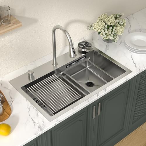Lordear 31 Drop Kitchen Sink with Faucet Combo - 31"x20" Waterfall Kitchen Sink Workstation Stainless Steel 16 Gauge Single Bowl Topmount Handmade Sinks with Pull Out Faucet - Image 3