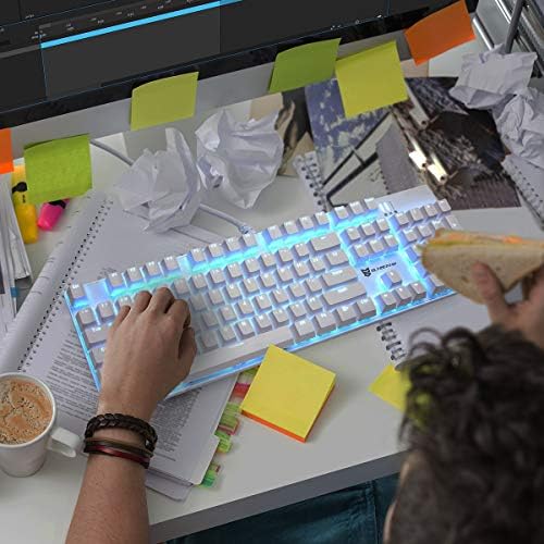 Merdia 104 Keys Full Size Mechanical PC Gaming Keyboard | Brown Switch Hot Swappable White Mechanical Wired Computer Keyboards | Ice Blue LED Backlit 104 Keys US Layout Light Up Wired Gaming Keyboard - Image 6