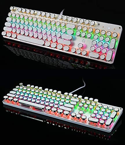 YSCP Typewriter Style Mechanical Gaming Keyboard Rainbow Backlit Wired with Blue Switch Retro Round Keycap 104 Keys Keyboard (L-White) - Image 5
