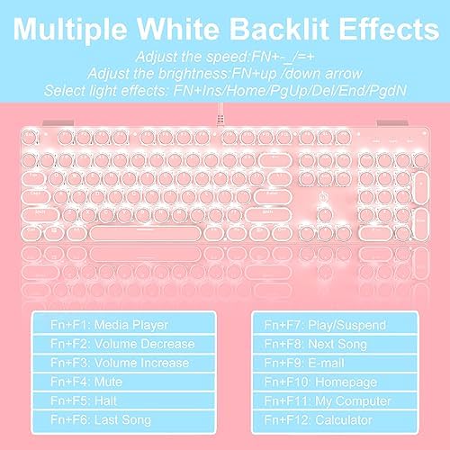 YSCP Typewriter Style Mechanical Gaming Keyboard White Backlit Wired with Blue Switch Retro Round Keycap 104 Keys Keyboard (Pink) - Image 4