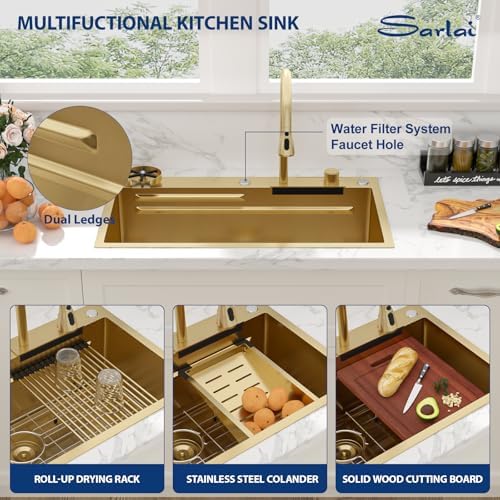 Sarlai 33 Inch Waterfall Kitchen Sink - 33x19 Gold Waterfall Drop In Sink Workstation Stainless Steel 16 Gauge Sink Multifunction Single Bowl Smart Top Mount Kitchen Sinks with Faucet Combo - Image 6