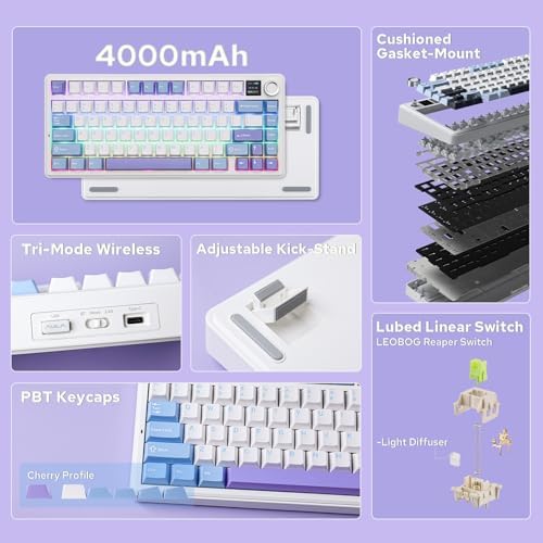 EPOMAKER X Aula F75 MAX Wireless Mechanical Keyboard with TFT Screen and Knob, Gasket Gaming Keyboard in 75% Layout, Hot Swappable, RGB Backlight, for PC/Mac/Linux (Blue&White&Purple) - Image 2