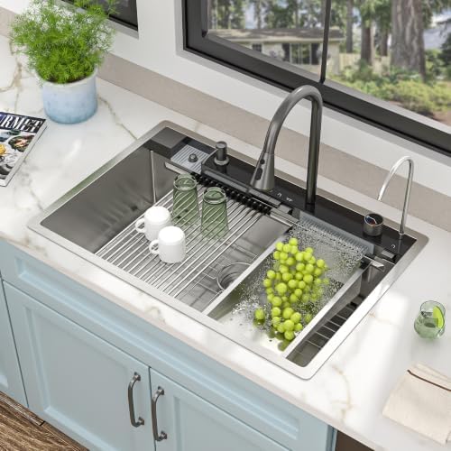 33"x22" Drop In Waterfall Kitchen Sink - 16 Gauge 304 Stainless Steel Ledge Workstation Top Mount Single Bowl Smart Waterfall Sink Basin with Faucet Combo & Glass Rinser by FULORNI