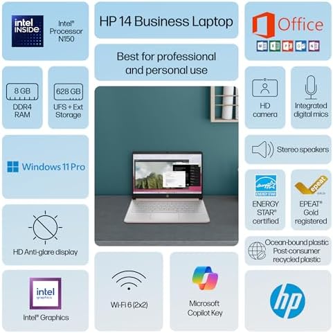 HP Ultrabook 14 Laptop Computer Business Study & Home 2025, Lifetime MS Office + Windows 11 Pro, Quad-Core Intel CPU, 8GB RAM & 628GB Storage (128GB UFS+500GB Ext), WiFi 6, HubxcelAccessory, Rose Gold - Image 3